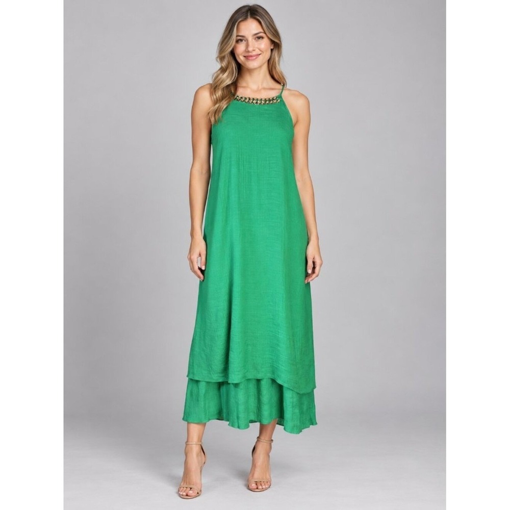 Mlle Gabrielle Emerald Green Gold Chain Halter High-Low Cocktail Dress Size L